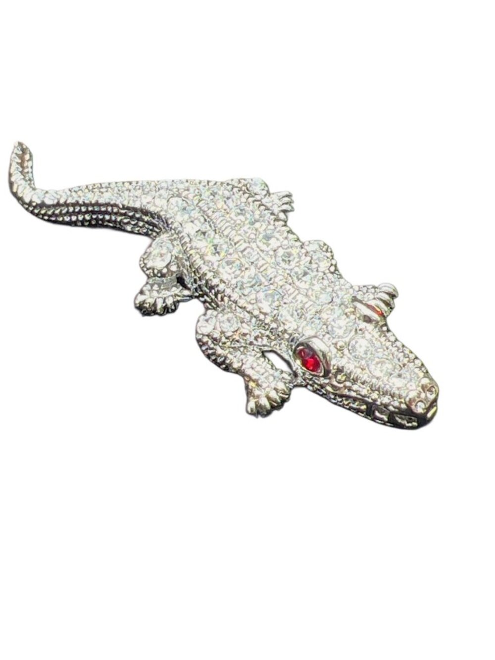 Rhinestone Vintage Alligator Brooch Pin With Red Eyes - Sparkling Silver-Tone - Picture 6 of 8